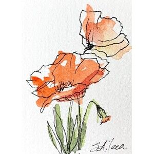 ACEO Painting Watercolor Ink Poppy Flower Red Yellow Botanical V Signed